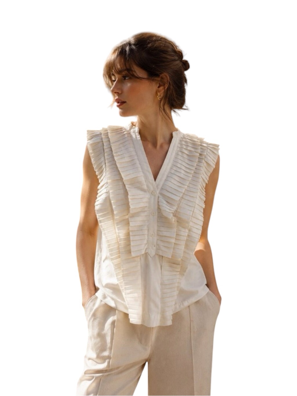 Anthropologie Maeve White Pleated Sleeveless Blouse M